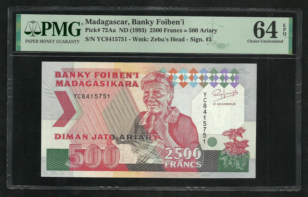 Madagascar : 2500 Francs 1993 ; PMG : Choice UNC 64 ; EPQ