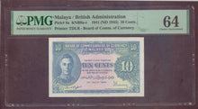 Charger l'image dans la galerie, Malaya : 10 Cents 1941 ; Pick 8a ; PMG : Choice UNC 64 (Ref 4220)
