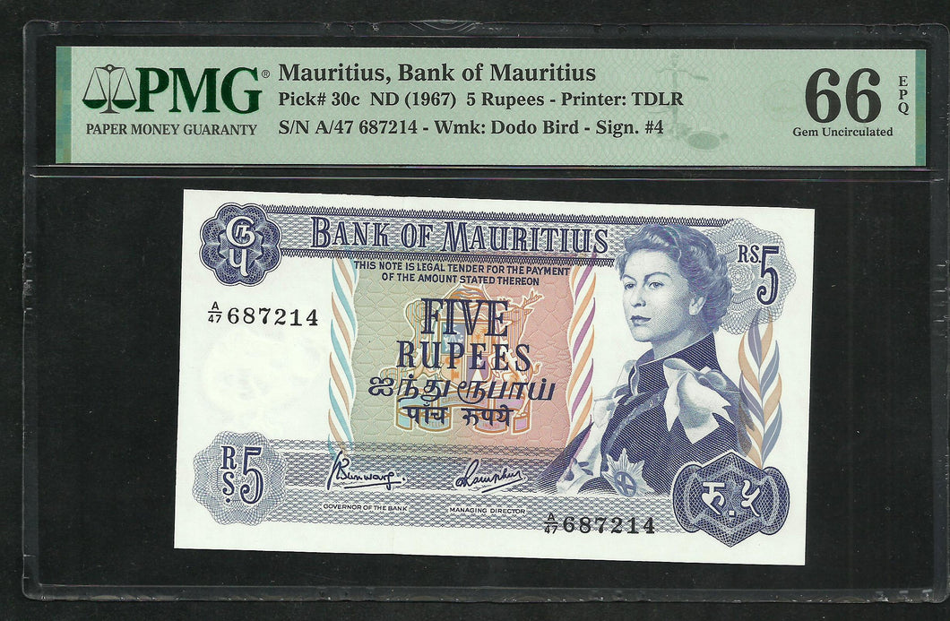 Mauritius : 5 Rupees 1967 ; PMG : Gem UNC 66 ; EPQ (Ref 167)