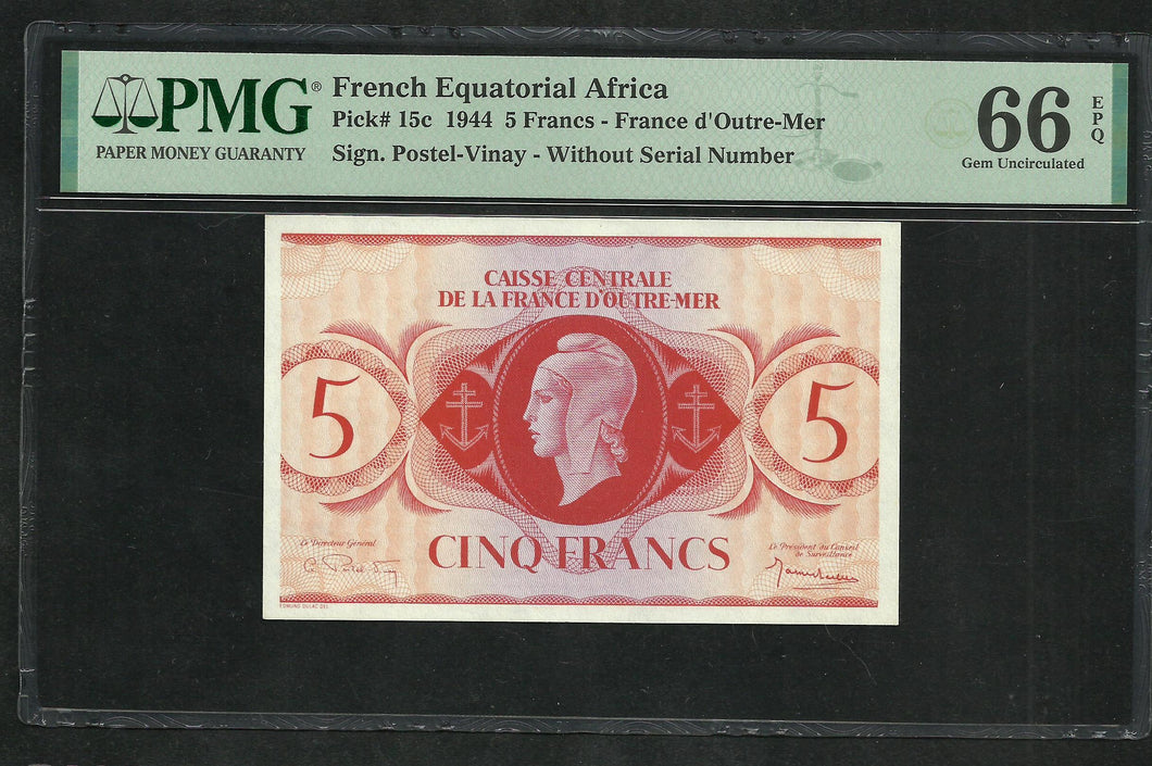Outre Mer : 5 Francs 1944 ; PMG : Gem UNC 66 ; EPQ (Ref 173)