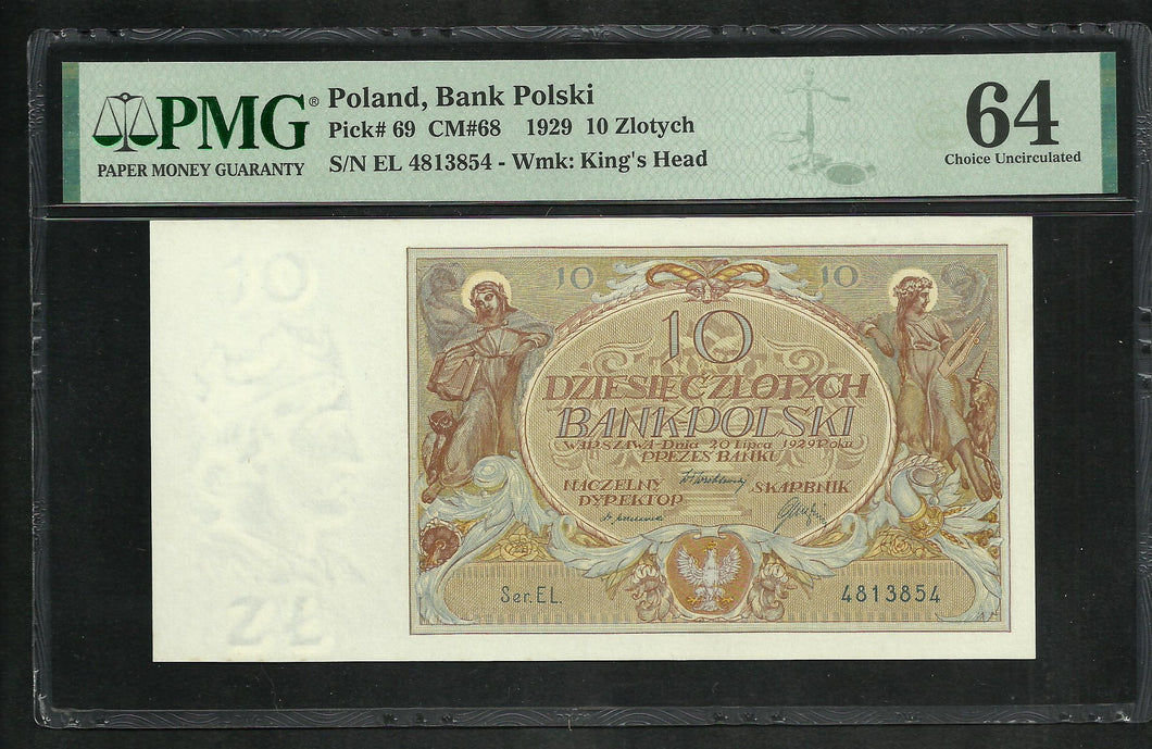 Poland : 10 Zlotych 1929 ; PMG : Choice UNC 64 ; EPQ (Ref 1879)