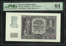 Charger l&#39;image dans la galerie, Poland : 20 Zlotych 1940 ; PMG : Choice UNC 64 ; EPQ (Ref 1880)
