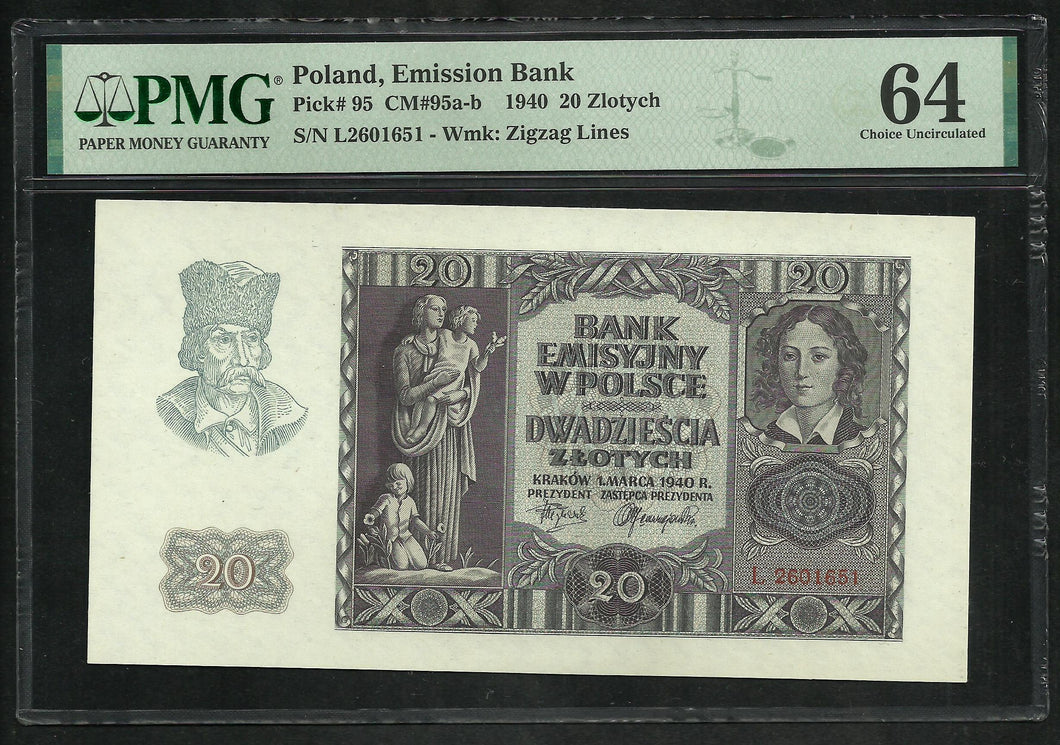 Poland : 20 Zlotych 1940 ; PMG : Choice UNC 64 ; EPQ (Ref 1880)