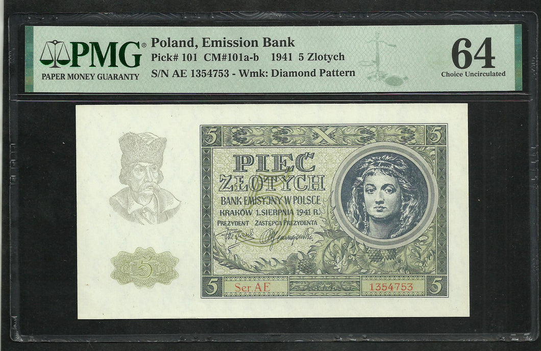 Poland : 5 Zlotych 1941 ; PMG : Choice UNC 64 ; EPQ (Ref 1878)