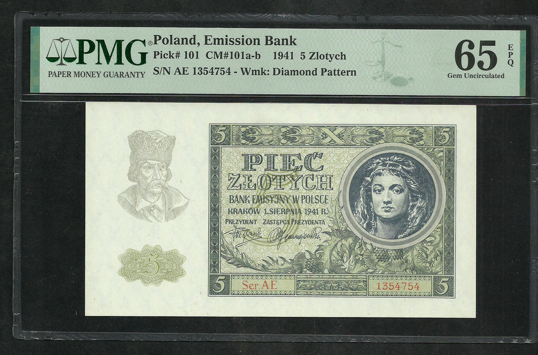 Poland : 5 Zlotych 1941 ; PMG : Gem UNC 65 (Ref 2048)