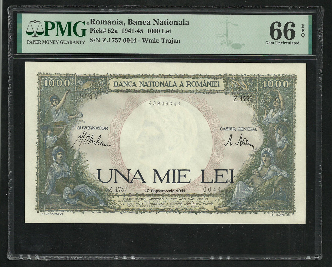 Romania : 1000 Lei 1941 ; PMG : Gem UNC 66 ; EPQ