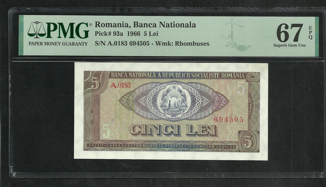 Romania : 5 Lei 1966 ; PMG : Superb Gem UNC 67 ; EPQ (Ref 164)