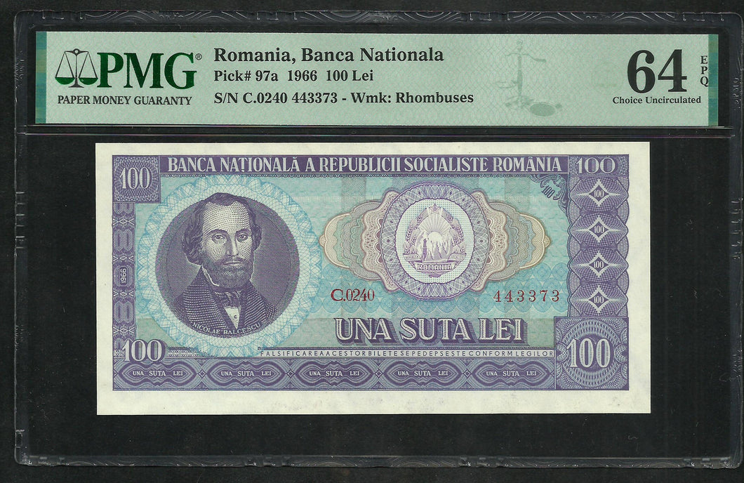 Romania : 100 Lei 1966 ; PMG : Choice UNC 64 ; EPQ (Ref 1872)