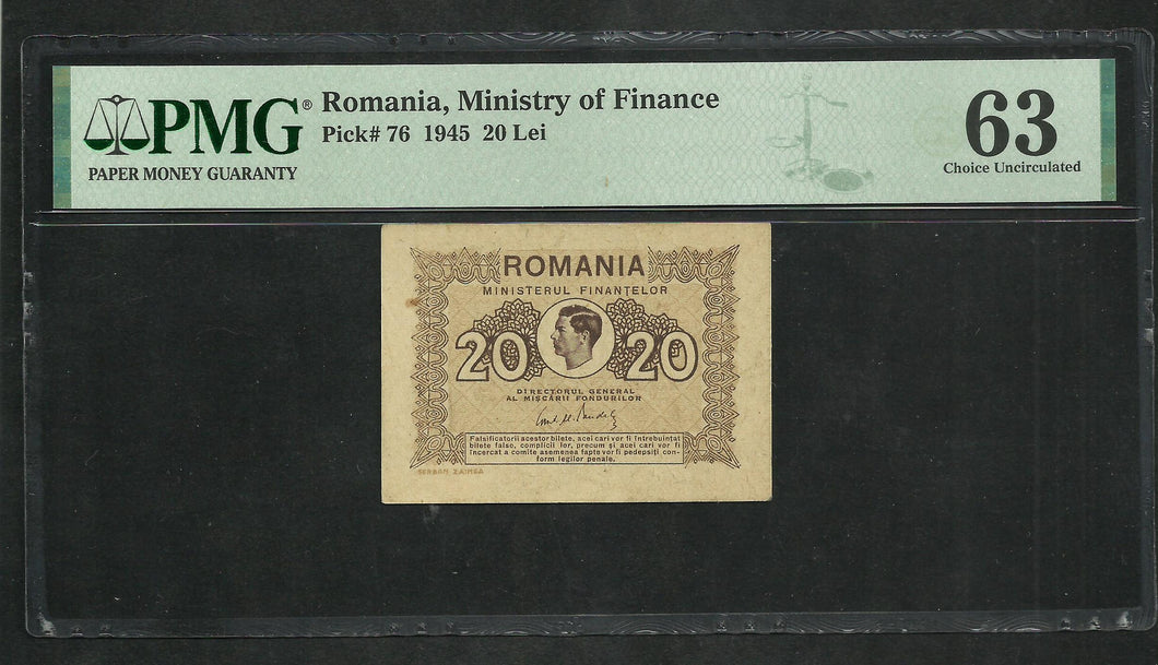 Romania : 20 Lei 1945 ; PMG : Choice UNC 63 ; EPQ (Ref 1873)