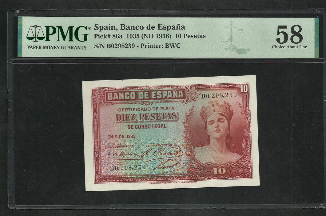 Spain : 10 Pesetas 1935 ; PMG : Choice About UNC 58 (Ref 2338)