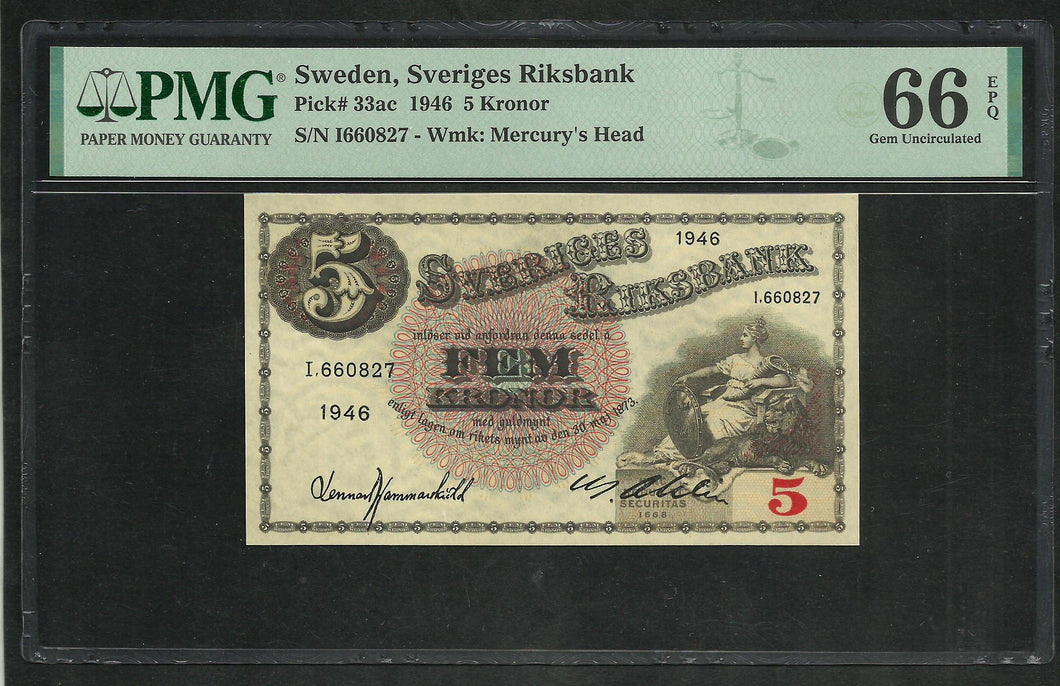 Sweden : 5 kronor 1946 ; PMG : Gem UNC 66 (Ref 2345)