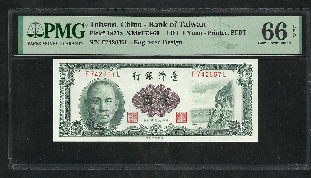 Taiwan : 1 Yuan 1961 ; PMG : Gem UNC 66 (Ref 2348)