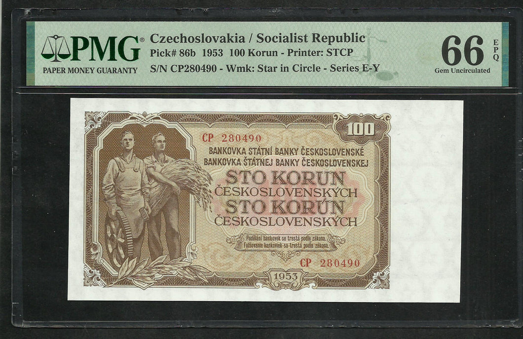 Czechoslovakia : 100 Korun 1953 ; PMG : Gem UNC 66 ; EPQ (Ref 1883)