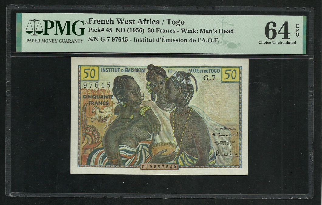 Togo : 50 Francs 1956 ; PMG : Choice UNC 64 ; EPQ