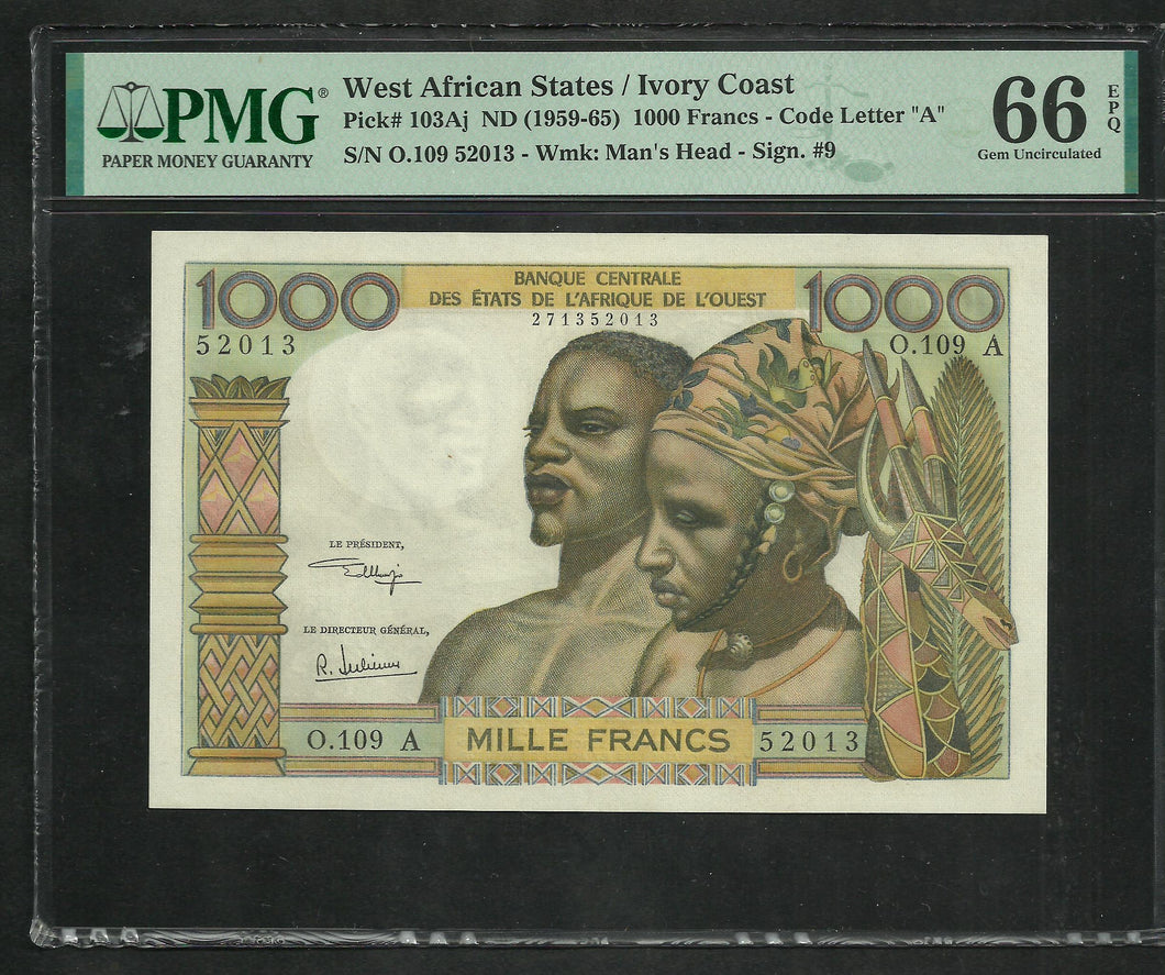 West Africa : Ivory Coast : 1000 Francs 1959 ; PMG : Gem UNC 66 (Ref 1912)