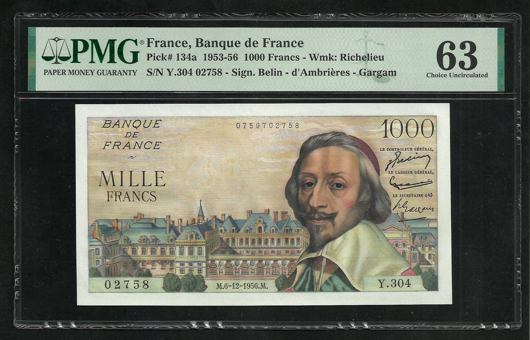 France : 1000 Francs Richelieu (6-12-1956) ; PMG : Choice UNC 63 ; EPQ