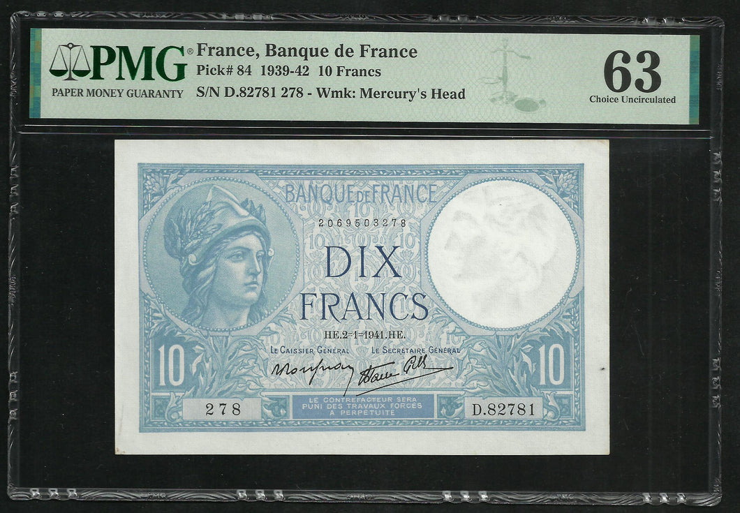 France : 10 Francs Minerve (2-1-1941) ; PMG : Choice UNC 63