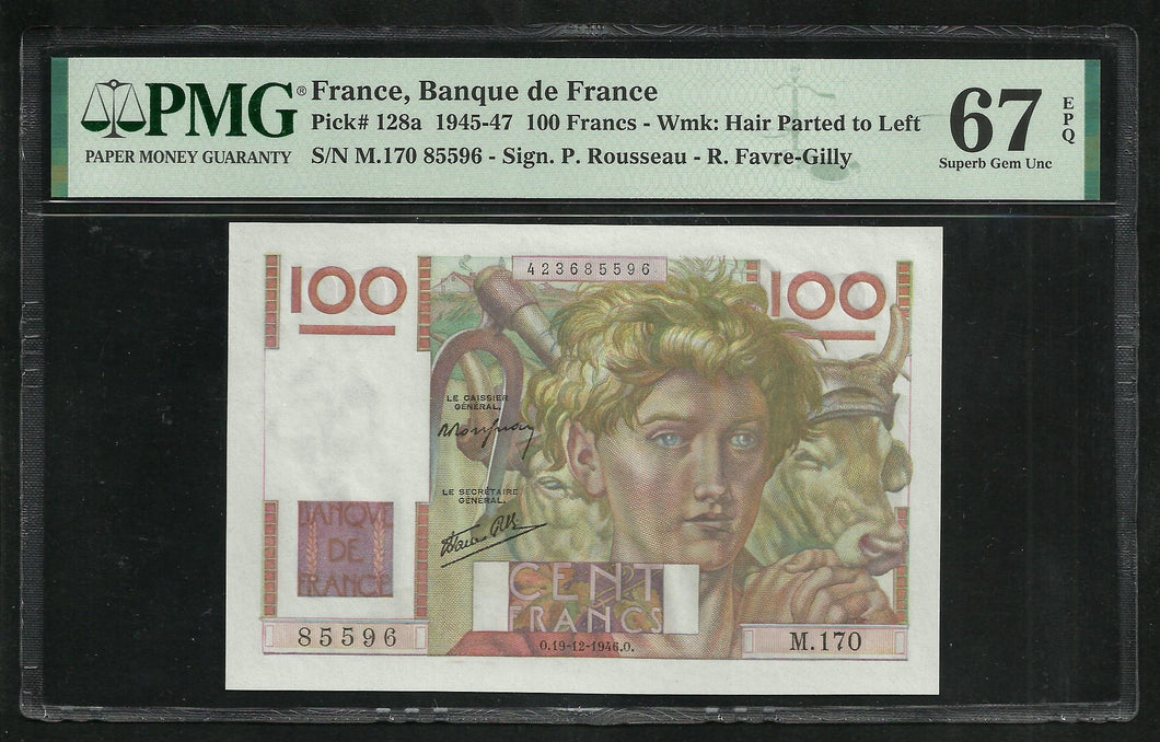France : 100 Francs (19-12-1946) ; PMG : Superb UNC 67 ; EPQ
