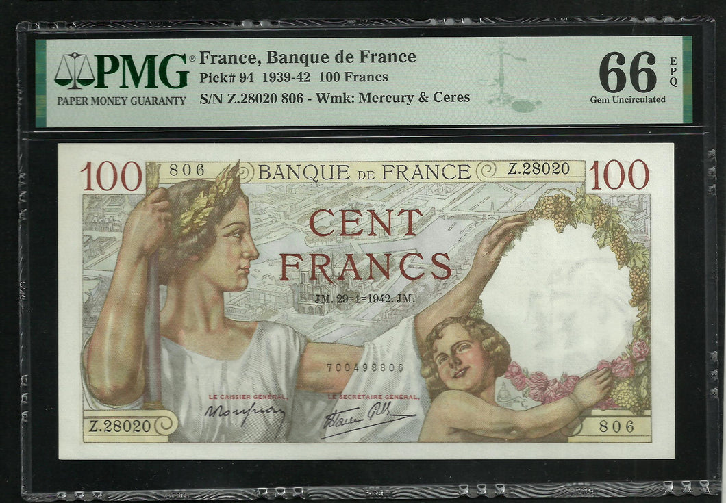 France : 100 Francs Sully (5-12-1940) ; PMG : Gem UNC 66 ; EPQ