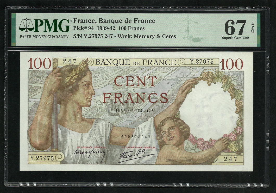 France : 100 Francs Sully (5-12-1940) ; PMG : Superb Gem UNC 67 ; EPQ