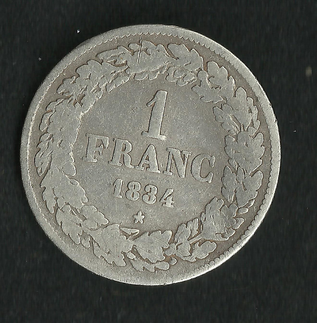 Belgique : 1 Franc Argent 1834 Leopold 1er