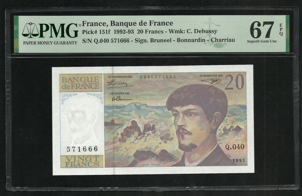 France : 20 Francs Debussy 1993 ; PMG : Superb Gem UNC 67 ; EPQ