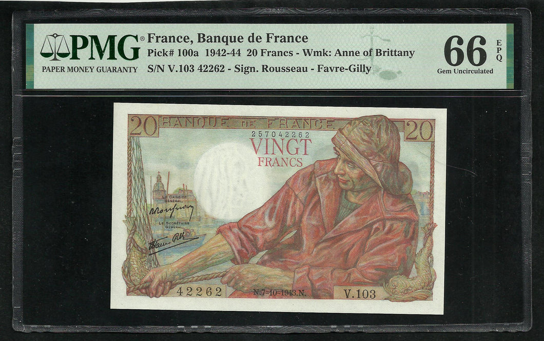 France : 20 Francs Pêcheur (7-10-1943) ; PMG : Gem UNC 66 ; EPQ