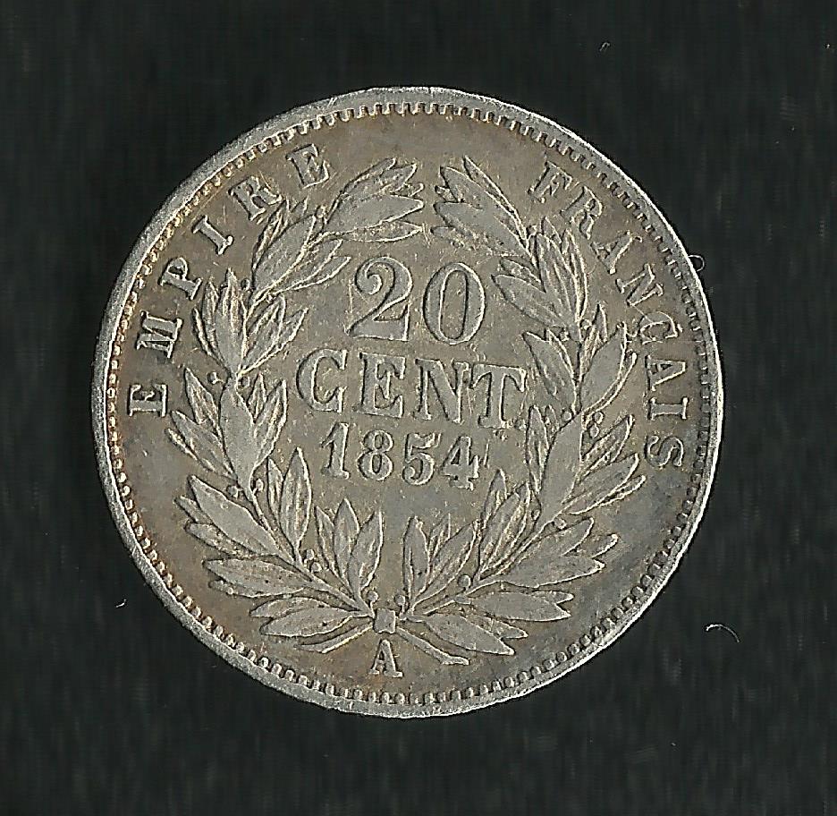 20 Centimes Argent Napoléon III Tête Nue 1854 A