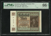 Charger l&#39;image dans la galerie, Germany : 5000 Mark 1922 ; PMG : Gem UNC 66 ; EPQ
