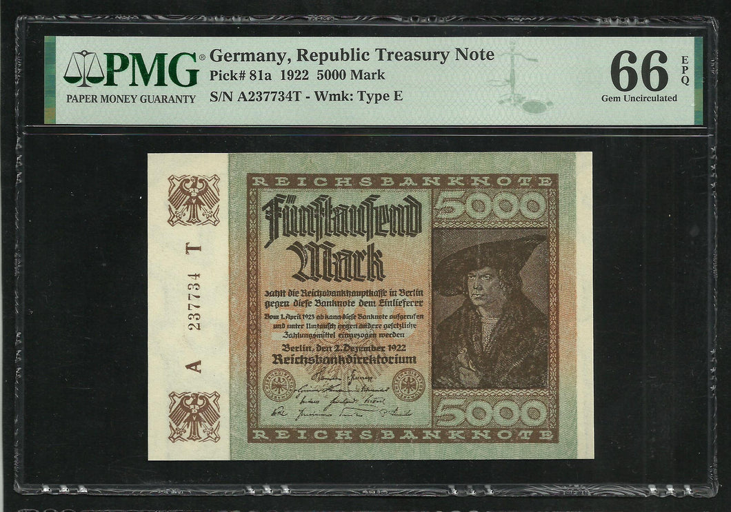 Germany : 5000 Mark 1922 ; PMG : Gem UNC 66 ; EPQ