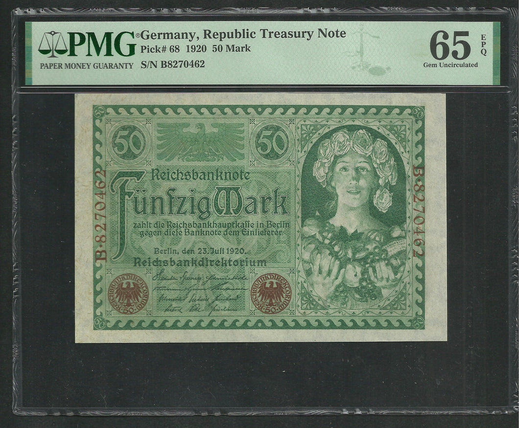 Germany : 50 mark 1920 ; PMG Gem UNC 65 ; EPQ