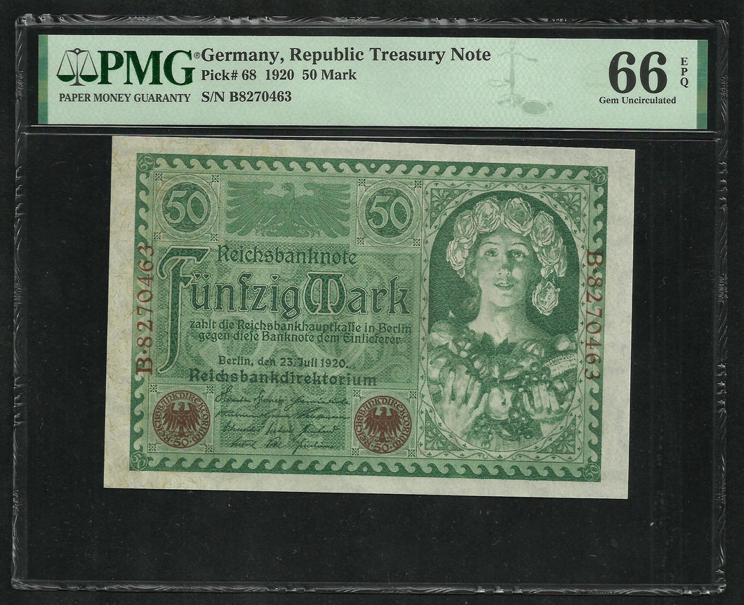 Germany : 50 mark 1920 ; PMG Gem UNC 66 ; EPQ