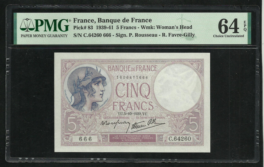 France : 5 Francs Violet (5-10-1939) ; PMG : Choice UNC 64 ; EPQ