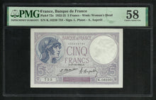 Charger l&#39;image dans la galerie, France : 5 Francs Violet (27-12-1923) ; PMG : Choice UNC 58
