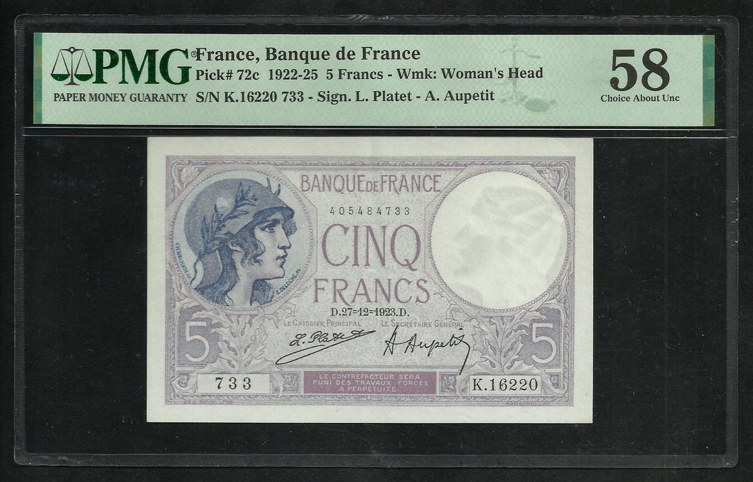 France : 5 Francs Violet (27-12-1923) ; PMG : Choice UNC 58