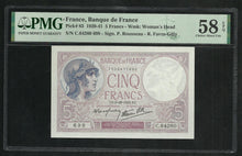 Charger l&#39;image dans la galerie, France : 5 Francs Violet (5-10-1939) ; PMG : Choice UNC 58
