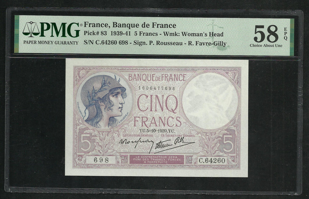 France : 5 Francs Violet (5-10-1939) ; PMG : Choice UNC 58