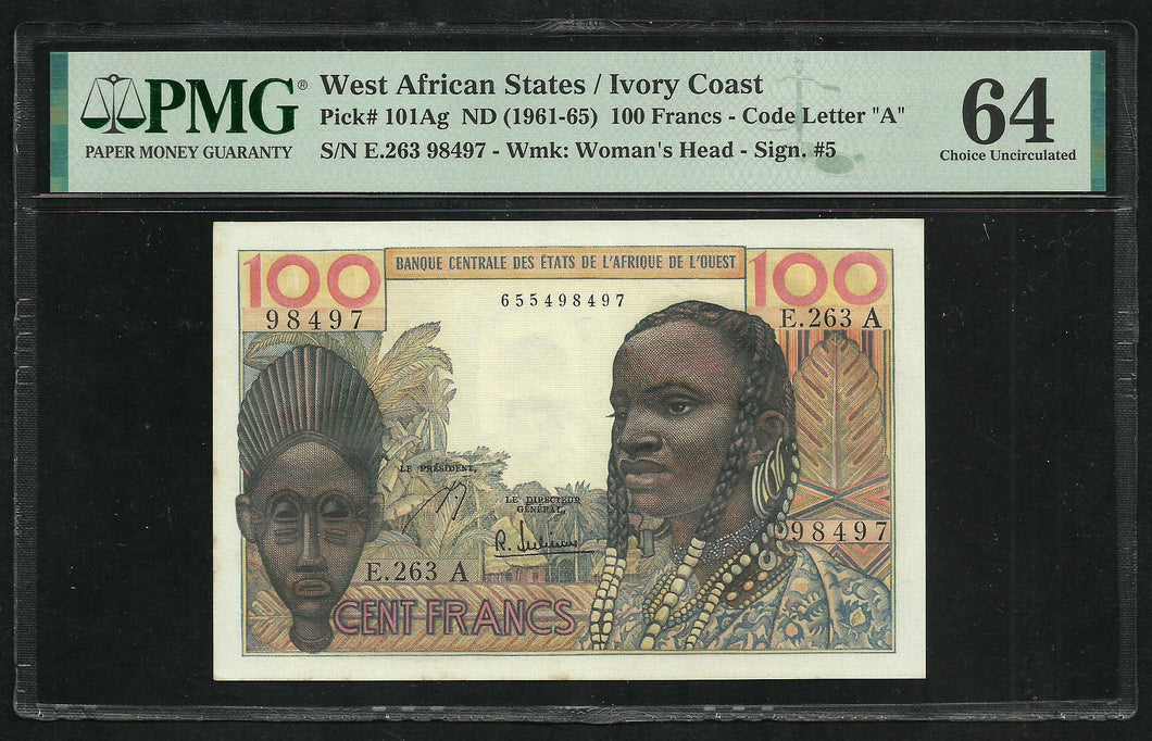 French West Africa : 100 Francs (1961-65) Ivory Coast ; PMG : Choice UNC 64