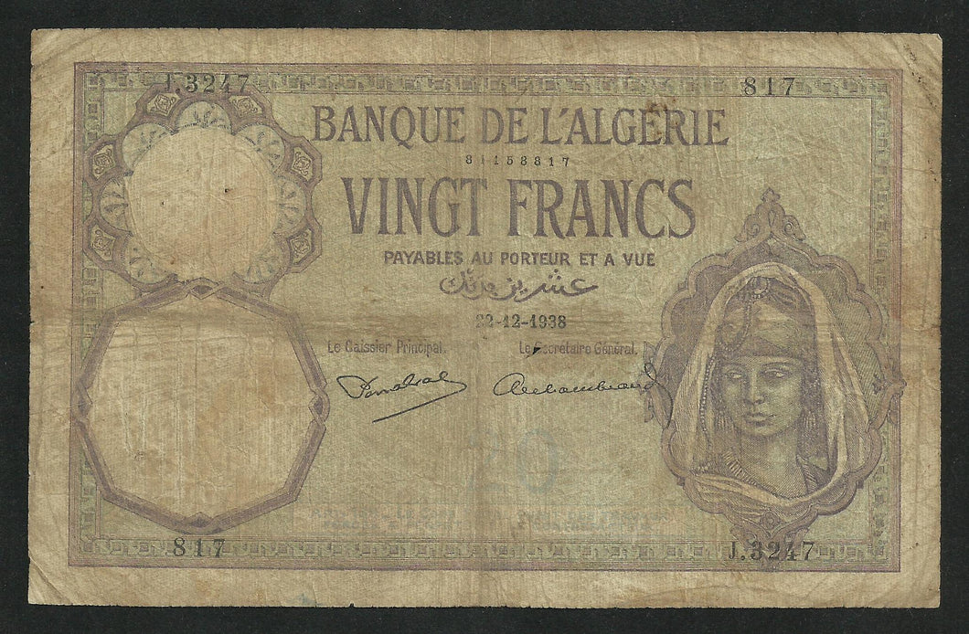 Algérie : 20 Francs 1938