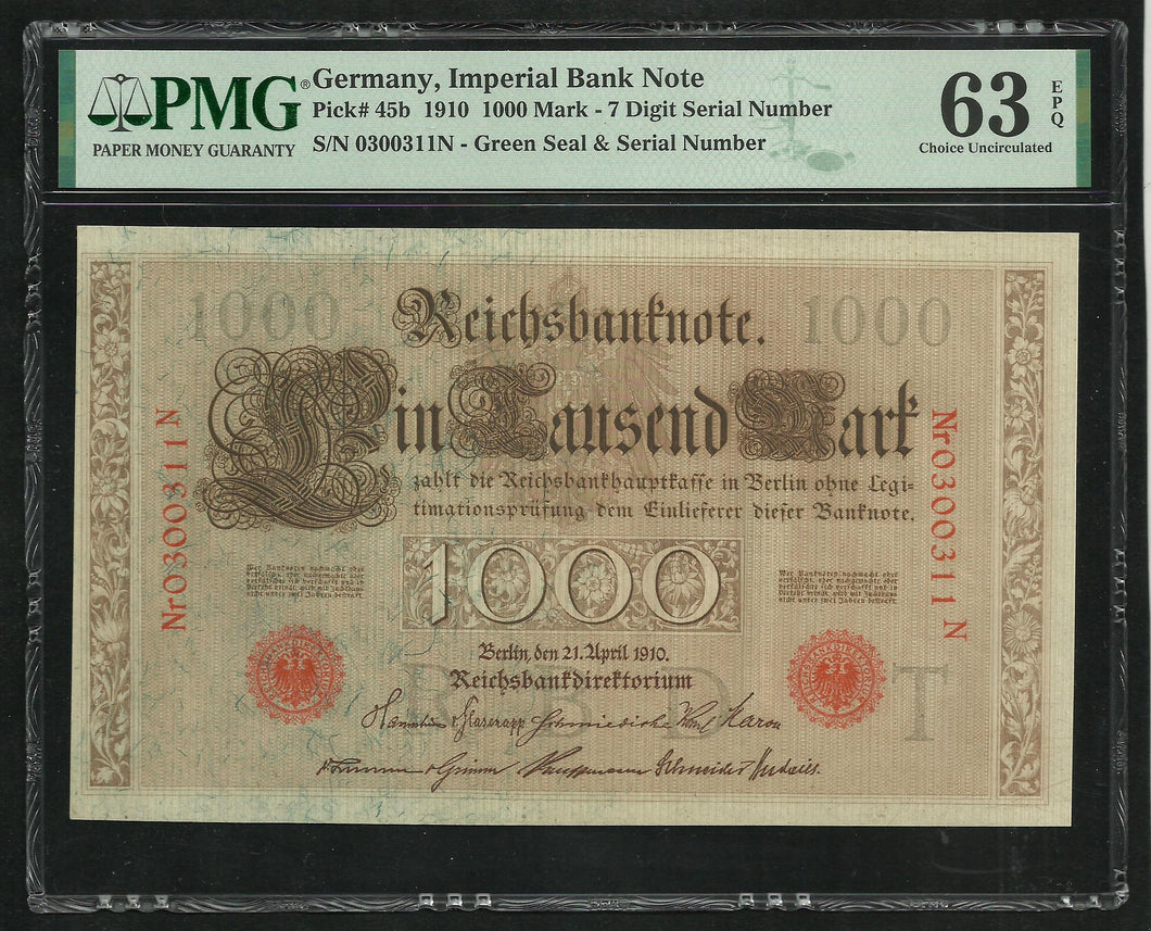 Germany : 100 Mark 1910 ; PMG : Choice UNC 63 ; EPQ