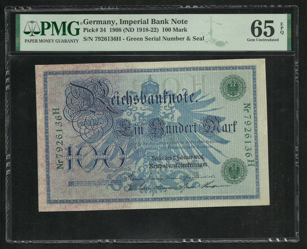 Germany : 100 Mark 1908 ; PMG : Gem UNC 65 ; EPQ