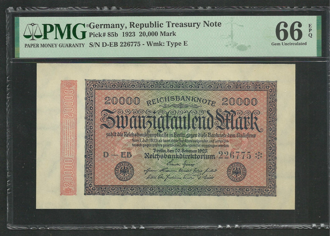 Germany : 20000 mark 1923 ; PMG Gem UNC 66 ; EPQ