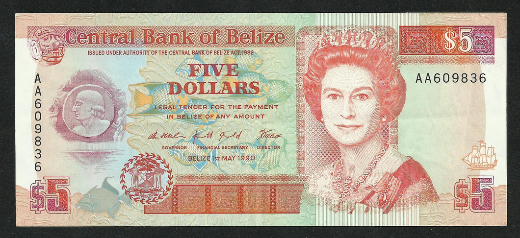 Belize : 5 Dollars 1990