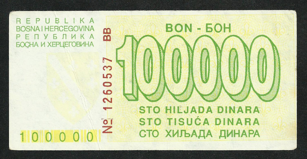 Bosnie : 100000 Dinara 1993 Sarajevo