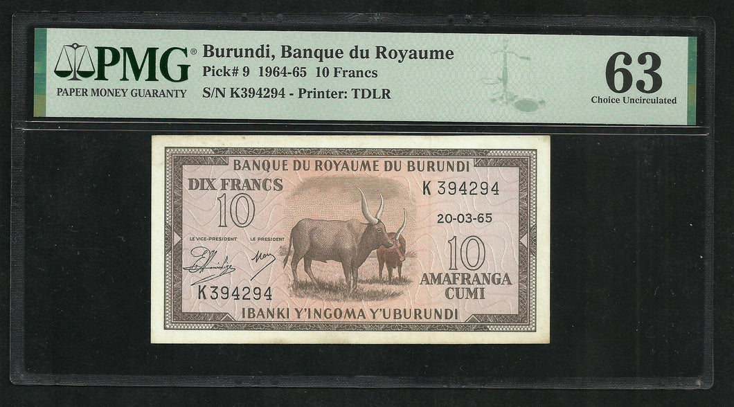 Burundi : 10 Francs 1965 ; PMG : Choice UNC 63