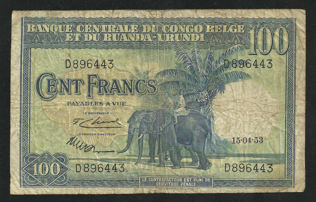 Congo Belge : 100 Francs 1953