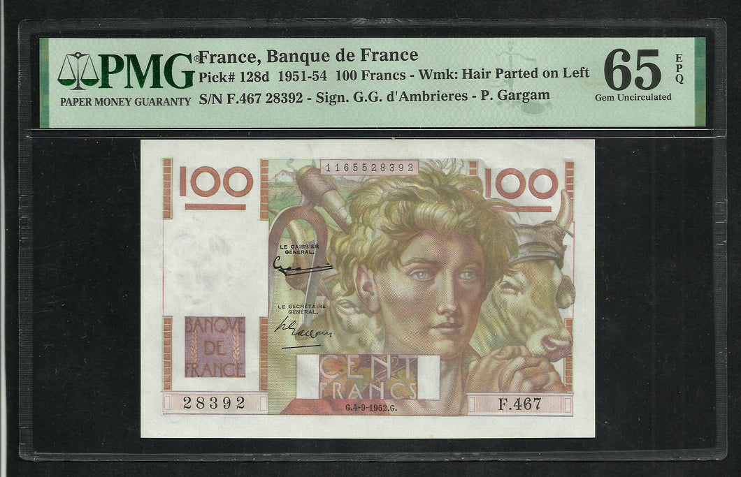 France : 100 Francs Paysan (4-9-1952) ; PMG : Gem UNC 65 ; EPQ
