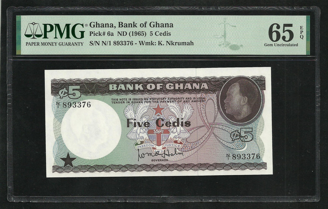 Ghana : 5 Cedis 1965 ; PMG : Gem UNC 65 ; EPQ