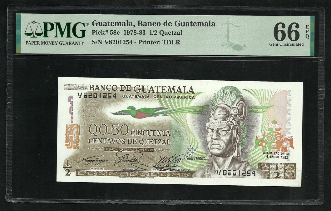 Guatemala : 1/2 Quetzal 1978-83 ; PMG : Gem UNC 66 ; EPQ