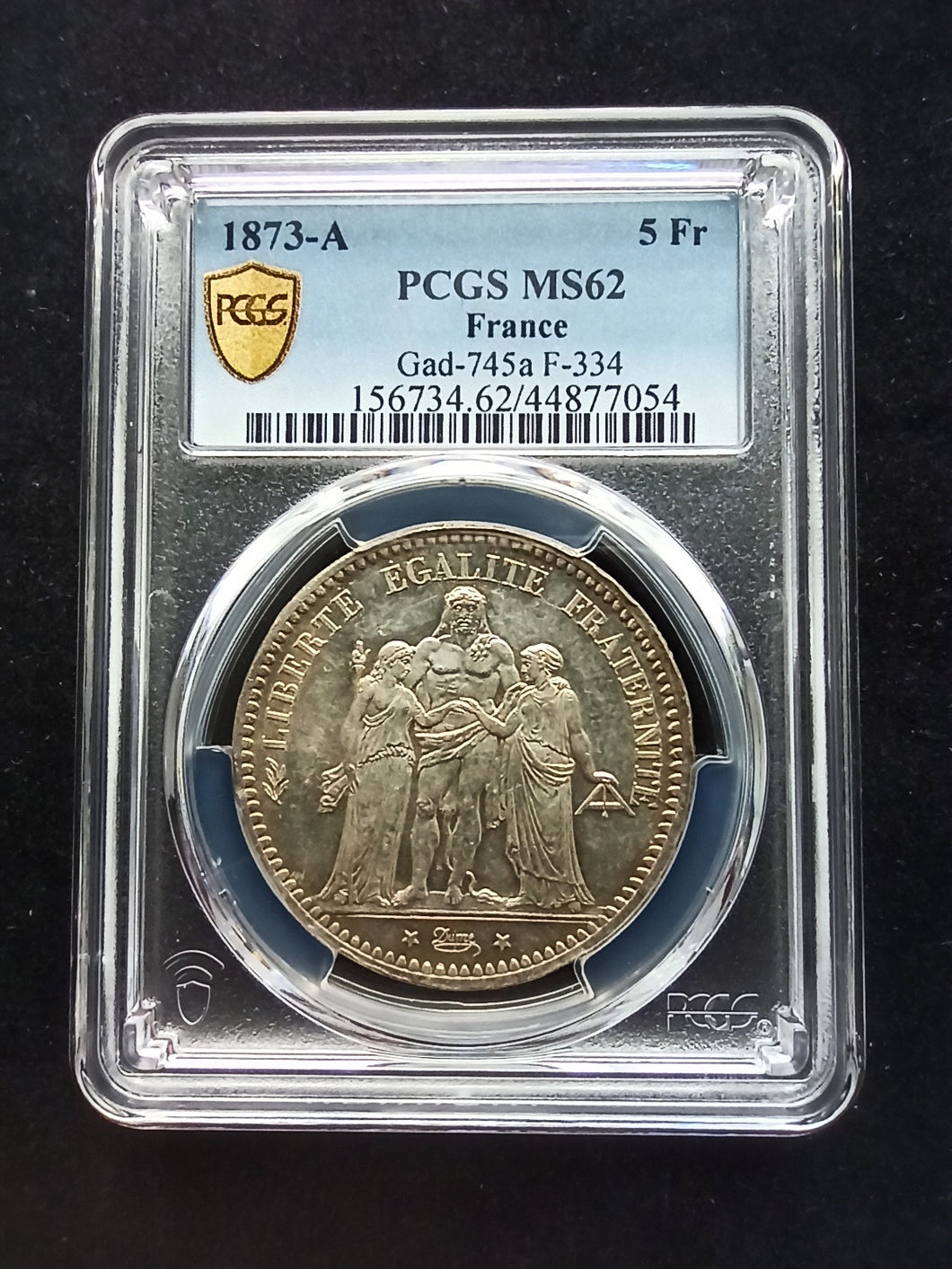 France : 5 Francs Silver Hercule 1873 A ; PCGS : MS 62